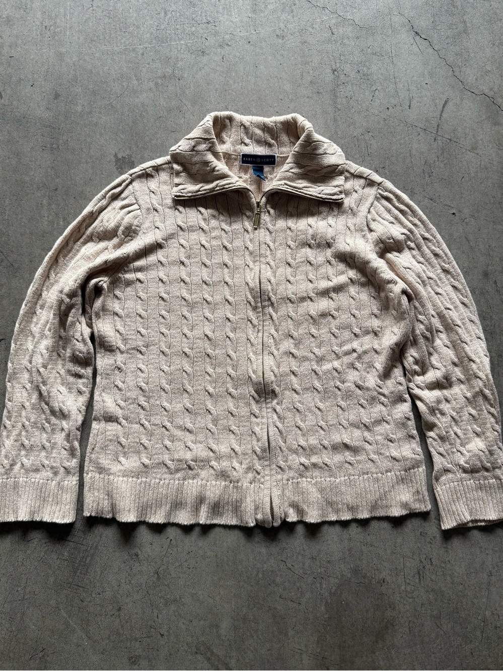 Karen Scott - 100% cotton Size L Cozy Cable-Knit Zip Cardigan Sweater - Cream